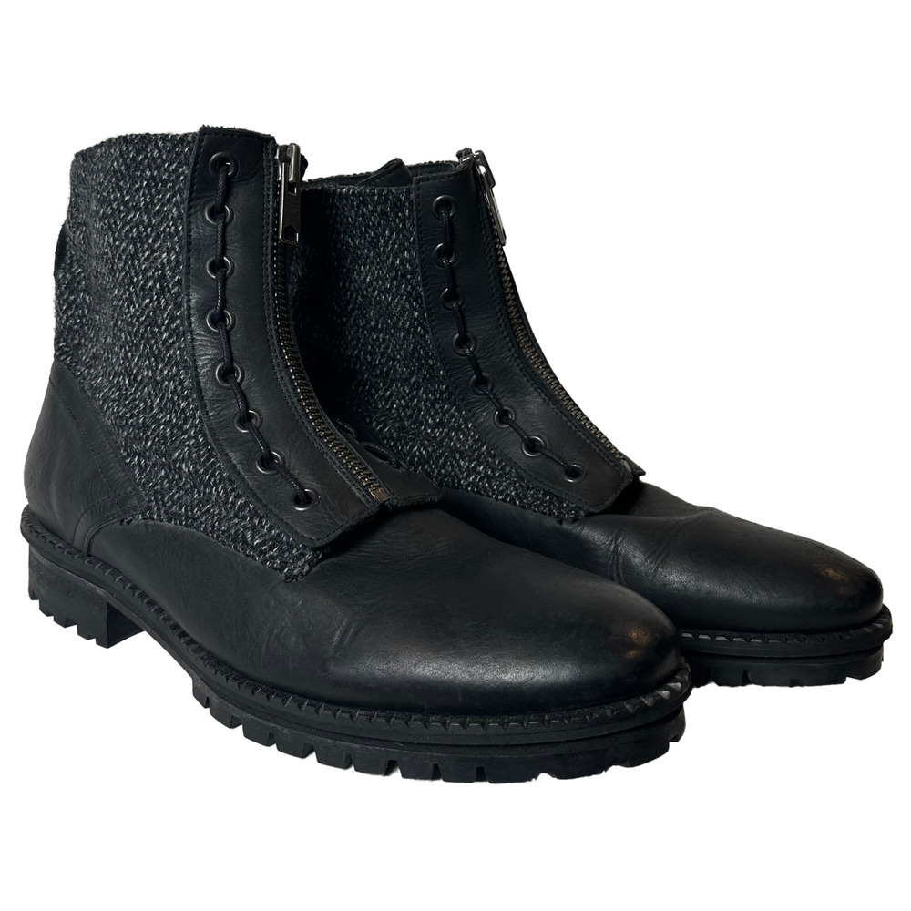 All Saints Black Leather & Grey Tweed STYX Chelsea Boots w/ Zipper US 12/ EU 45